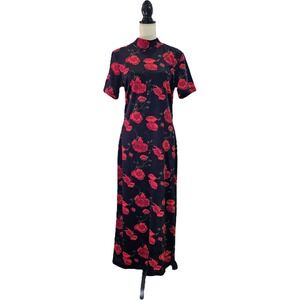 Vintage 90s Newport News Black Red Floral Velvet Mock Neck Maxi Dress M